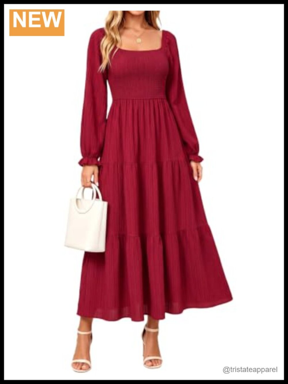 Women's Midi Dress Long Sleeve Square Neck Smocked A-Line Flowy with Pockets